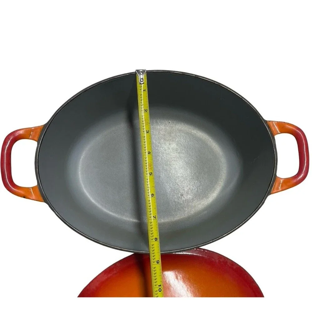 Vintage Flame Orange  Dutch Oven 4 Quart Enamel Cast Iron Oval Belgium MCM